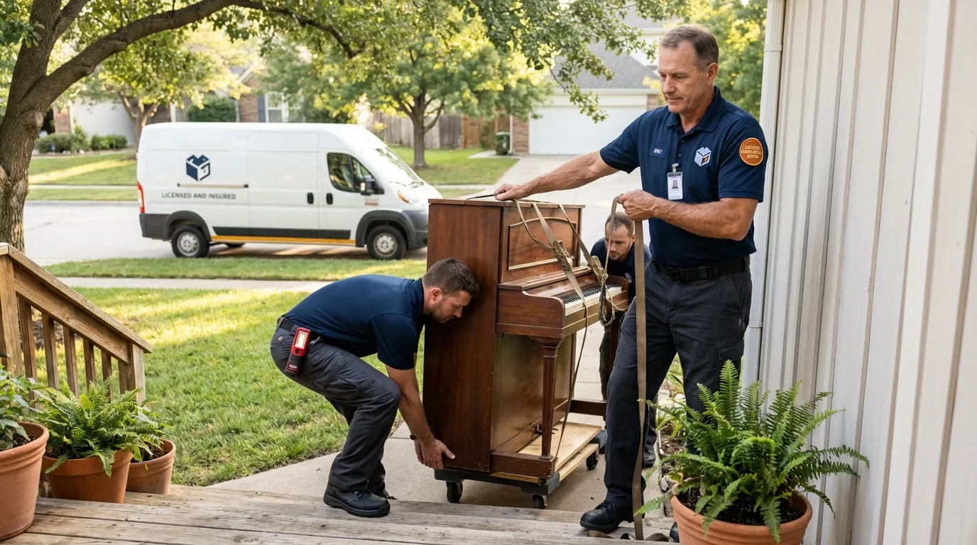 Licensed piano movers securing grand piano in Ecorse, MI