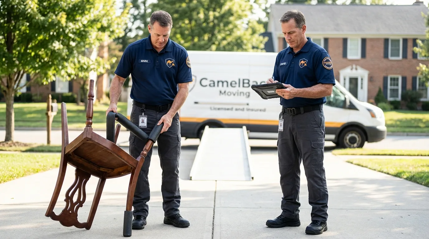 Movers inspecting furniture for damage prevention before loading in Ecorse, MI